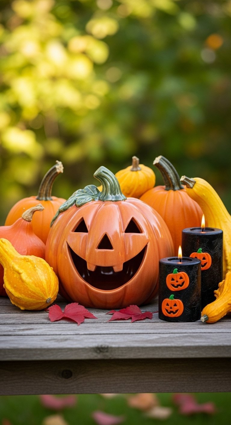 Citrouille en céramique souriante et bougies noires décoratives sur une table en bois
