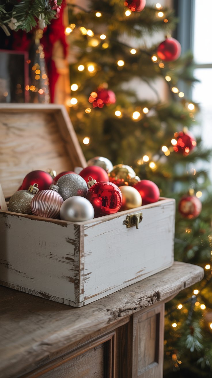 Coffre en bois blanc rempli de boules de noel rouges et argentées