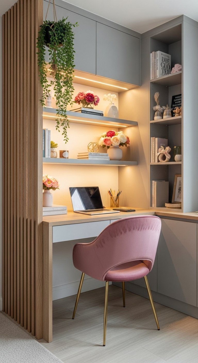 Coin bureau gris avec chaise en velours rose et détails dorés