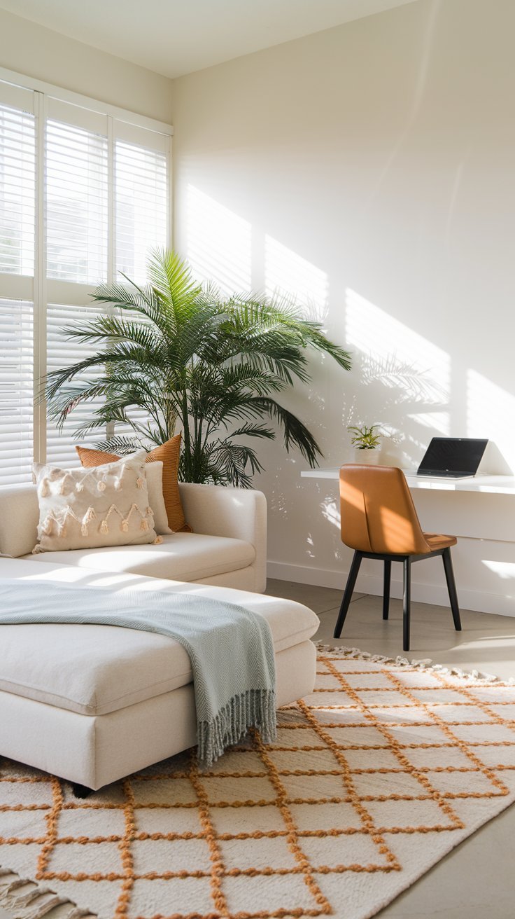 Coin bureau minimaliste avec chaise en cuir a cote d un canape sectionnel