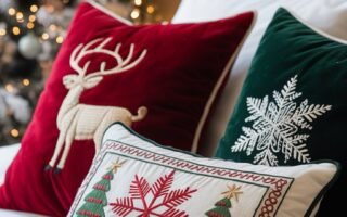 Coussins de Noël brodés sur un lit