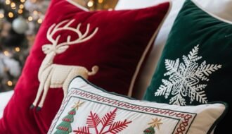Coussins de Noël brodés sur un lit