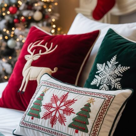 Coussins de Noël brodés sur un lit