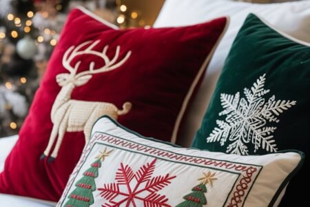 Coussins de Noël brodés sur un lit