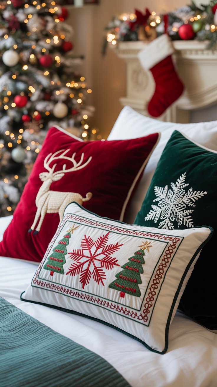 Coussins de Noël brodés sur un lit
