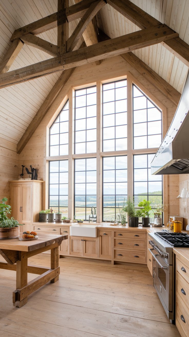 Cuisine en bois clair avec plafond cathédrale et grandes fenêtres