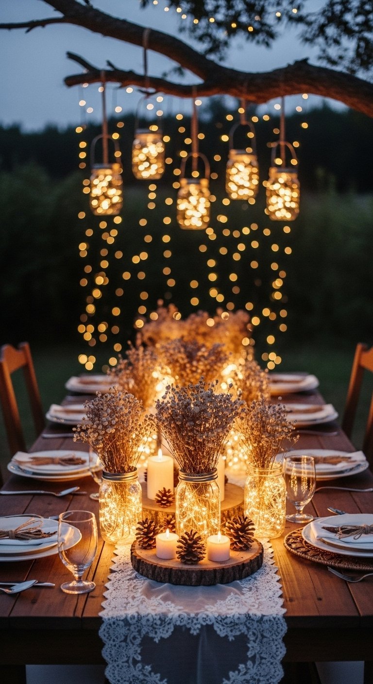 Décor de table de soirée en plein air avec bocaux lumineux et guirlandes suspendues