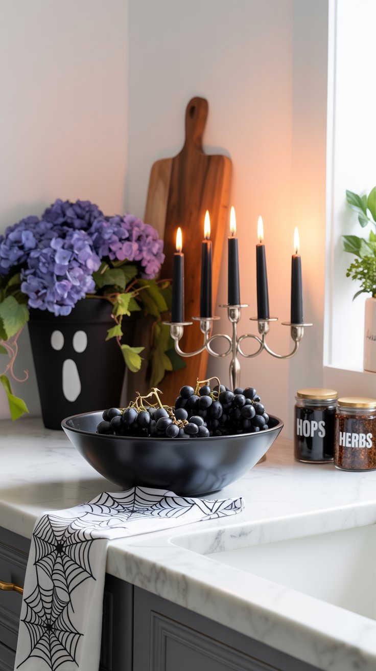 Décoration de cuisine chic pour Halloween avec des bougies noires et un vase fantôme