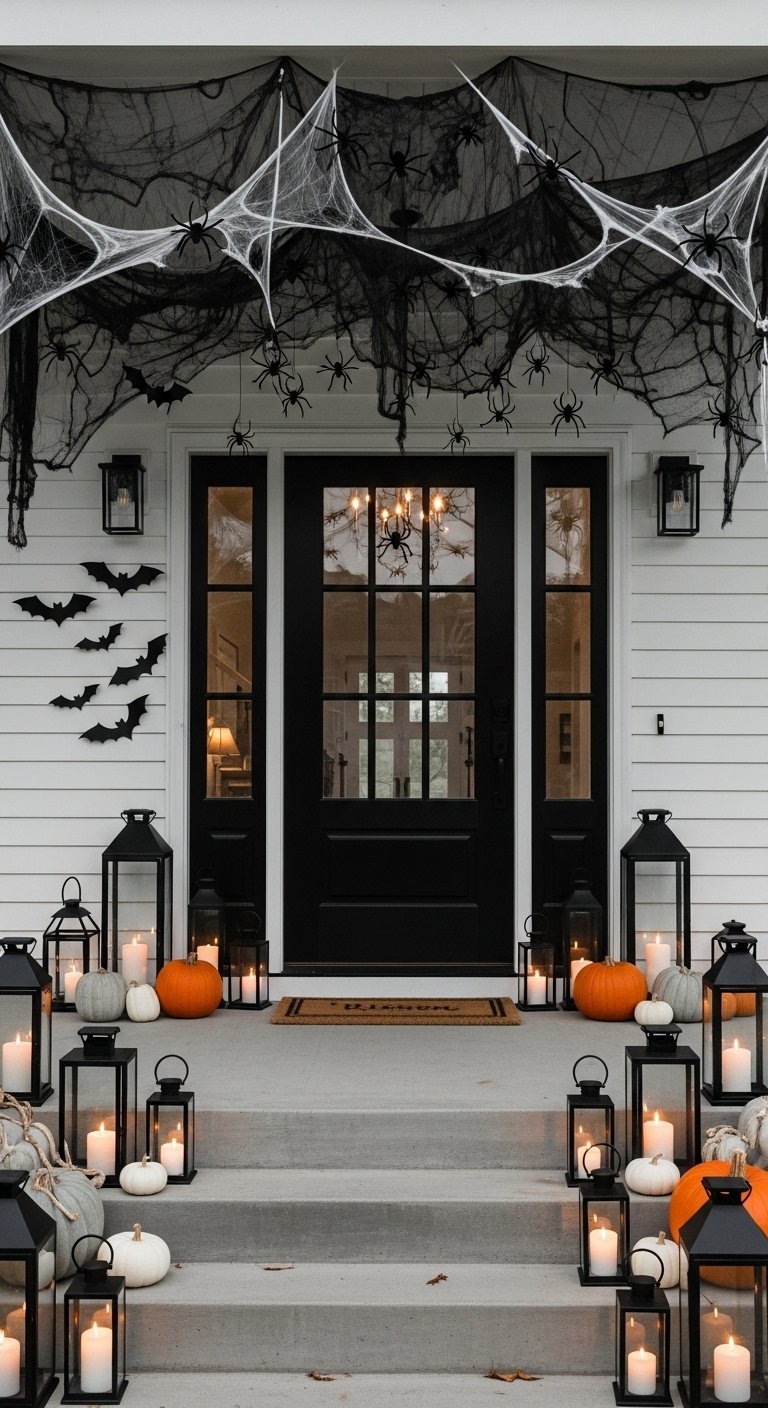 Entrée décorée de toiles d araignées noires et de nombreuses lanternes