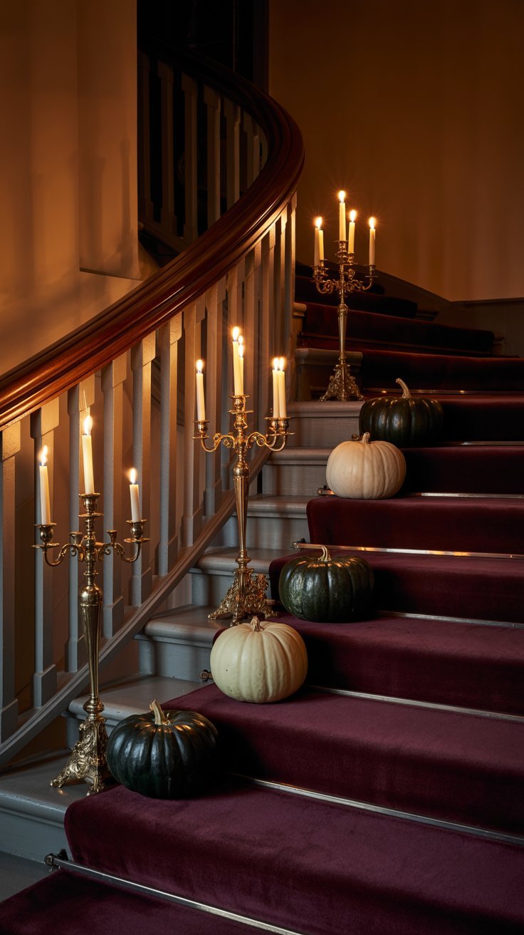 Escalier avec tapis rouge decore de citrouilles et de candelabres dores