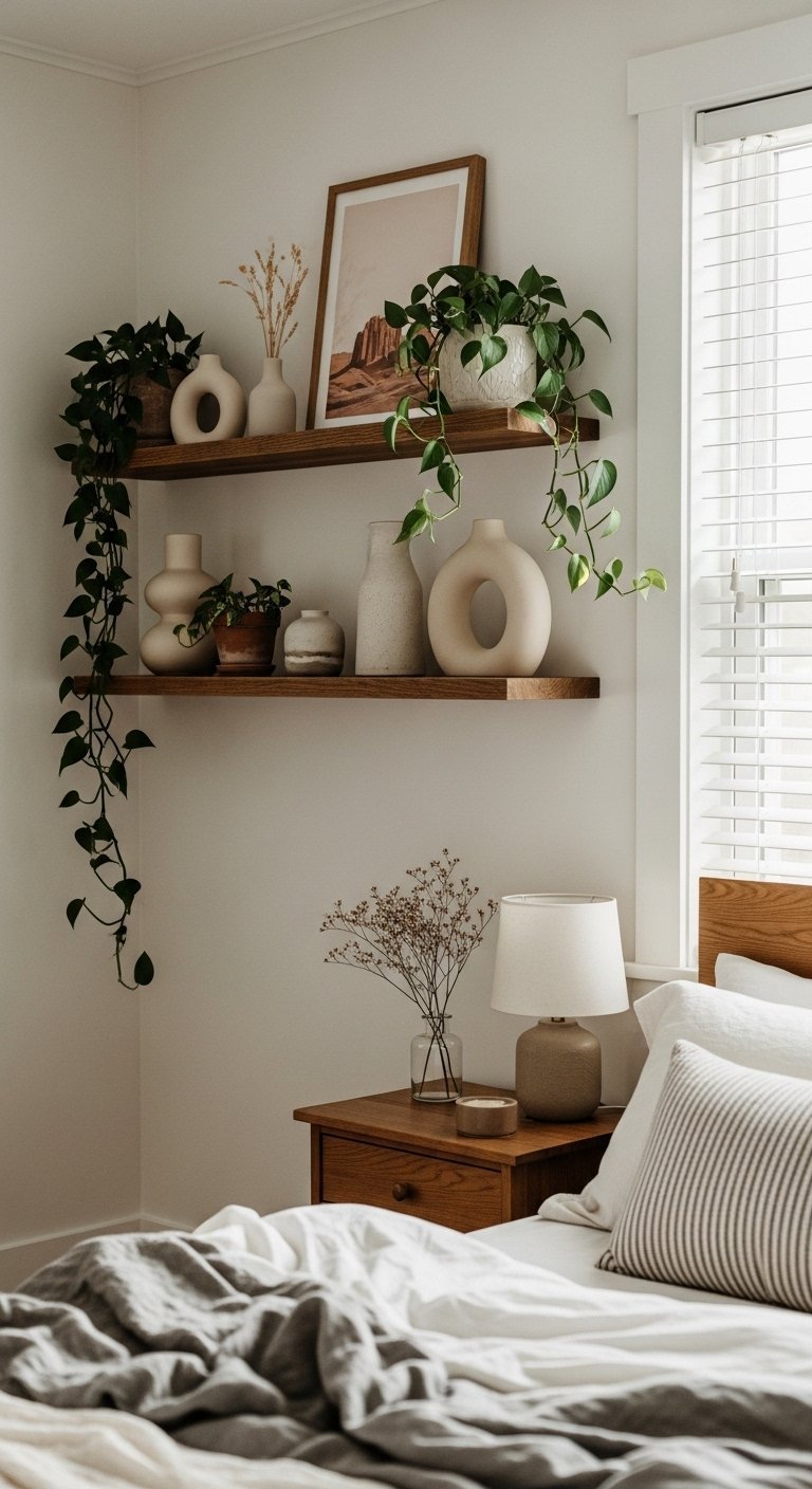 Étagères en bois dans une chambre avec des vases en céramique neutre