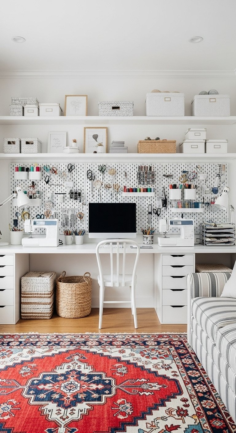 Grand espace de travail blanc avec un panneau perfore pour le rangement mural