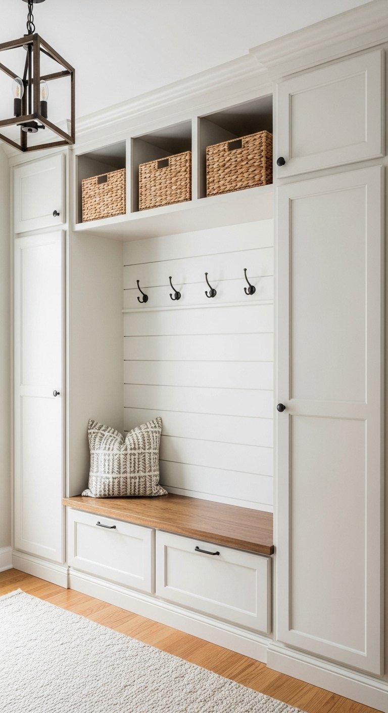 Grand vestiaire de style farmhouse blanc avec banc en bois et paniers en osier