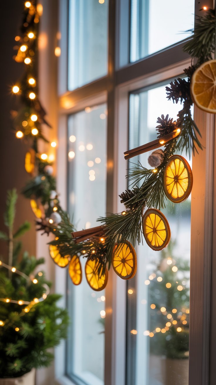 Guirlande de noel faite avec des tranches dorange sechee et de la cannelle