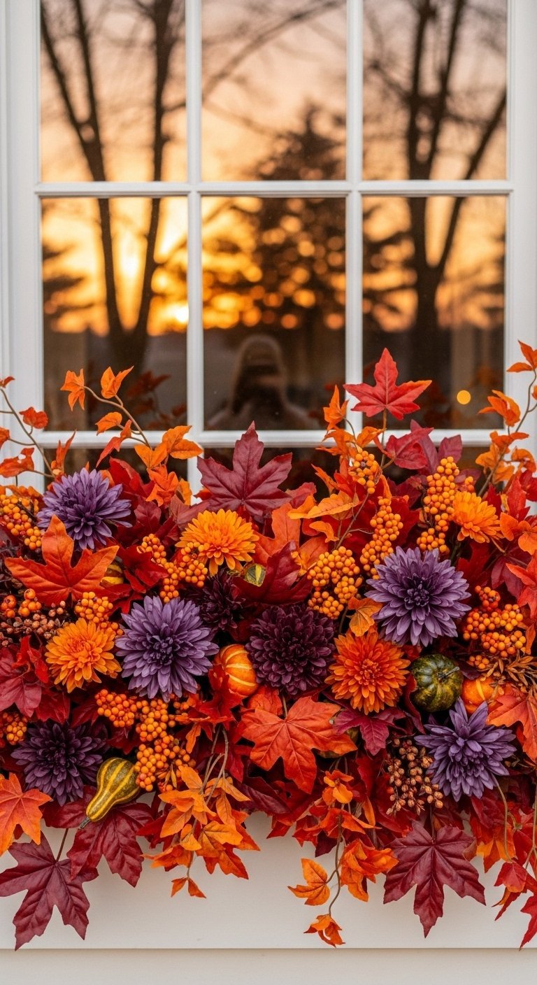 Jardiniere de fenetre remplie de fleurs et de feuilles dautomne colorees