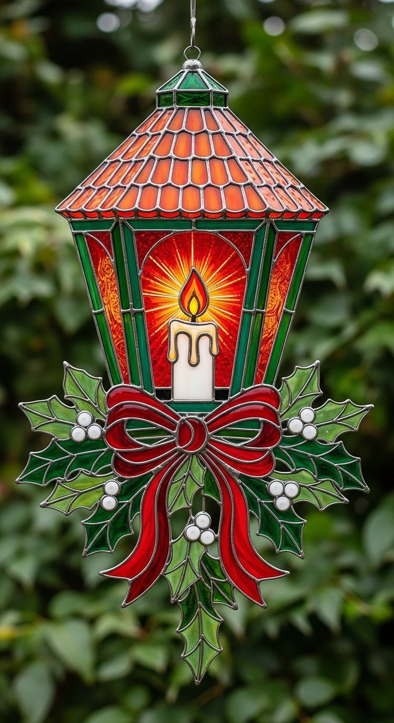 Lanterne de Noël décorative en vitrail avec une bougie allumée et un grand nœud rouge