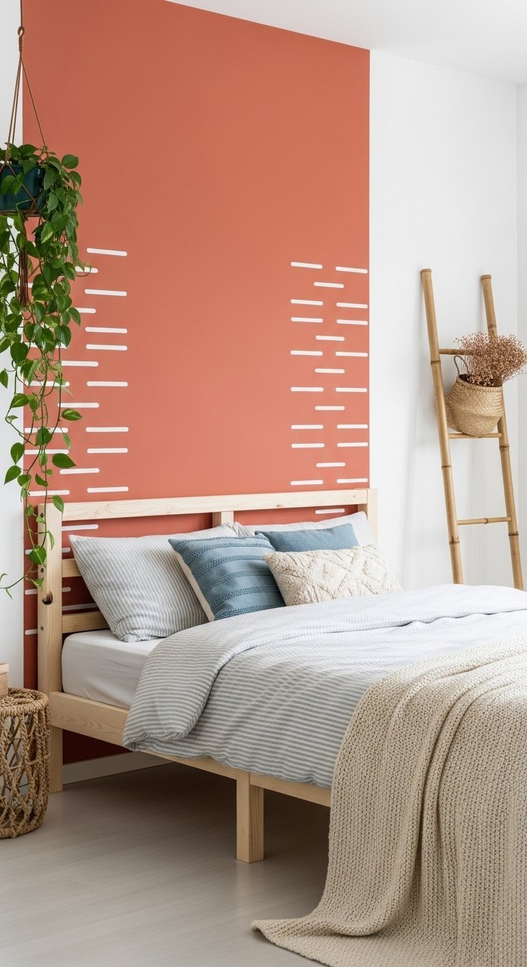 Lit en bois clair devant un mur terracotta à motifs blancs