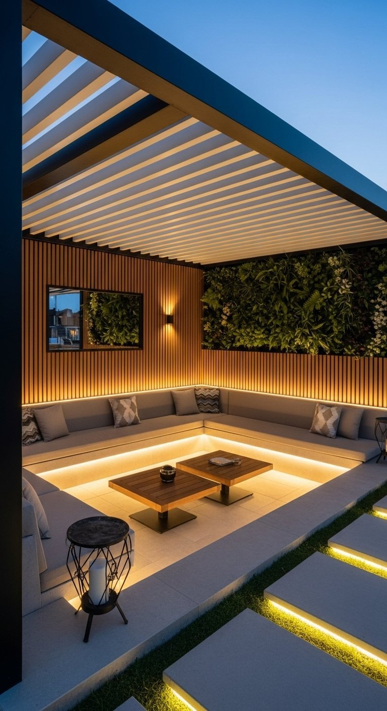 Patio moderne avec salon de jardin encastré et éclairage LED
