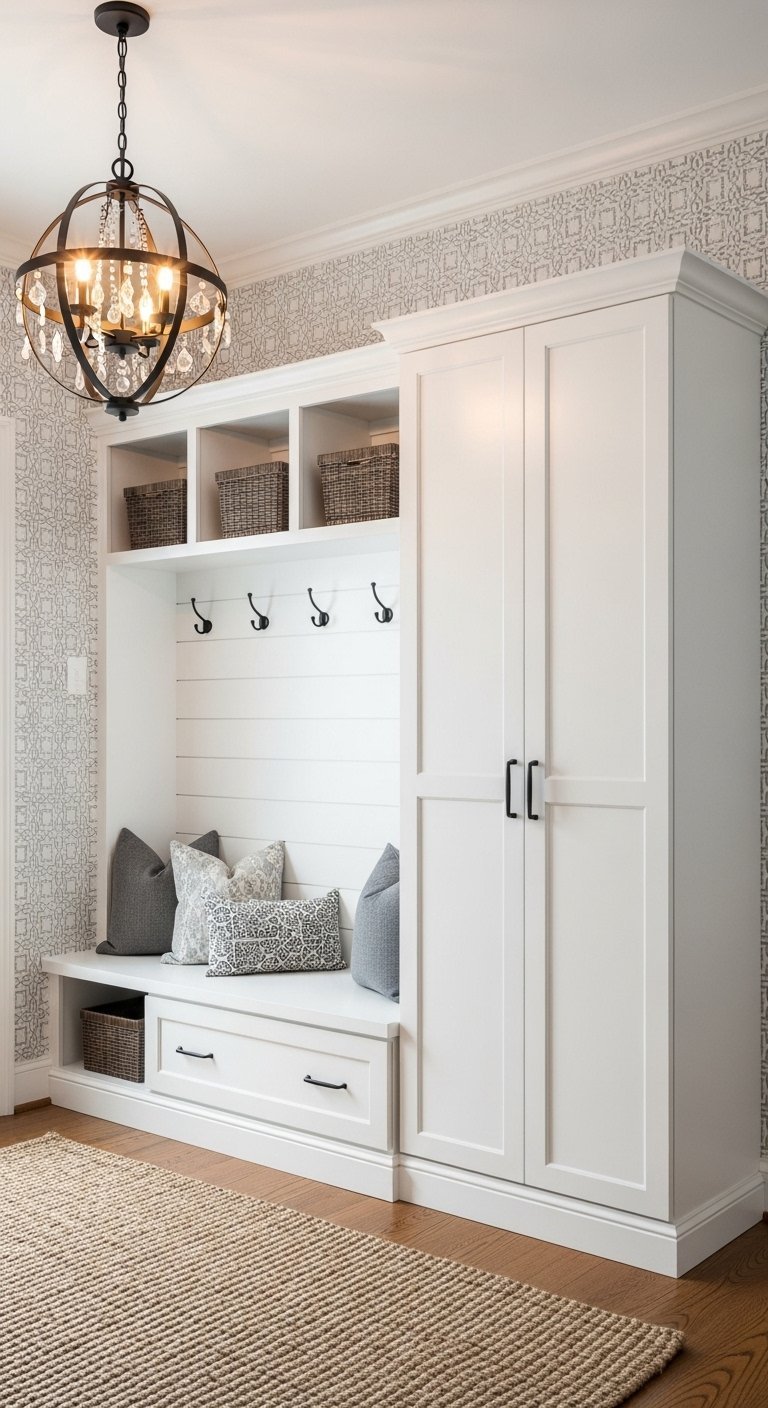 Placard d entree blanc avec banquette et papier peint a motifs