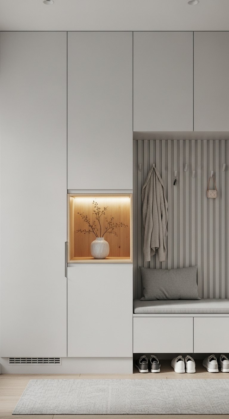 Placards minimalistes blancs avec une niche en bois comprenant un banc et un coussin gris
