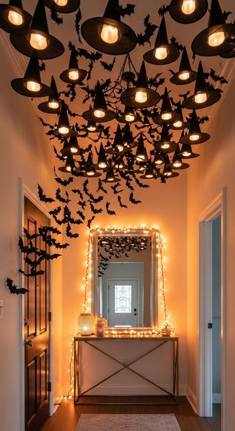 Plafond d un couloir decore de chapeaux de sorciere lumineux