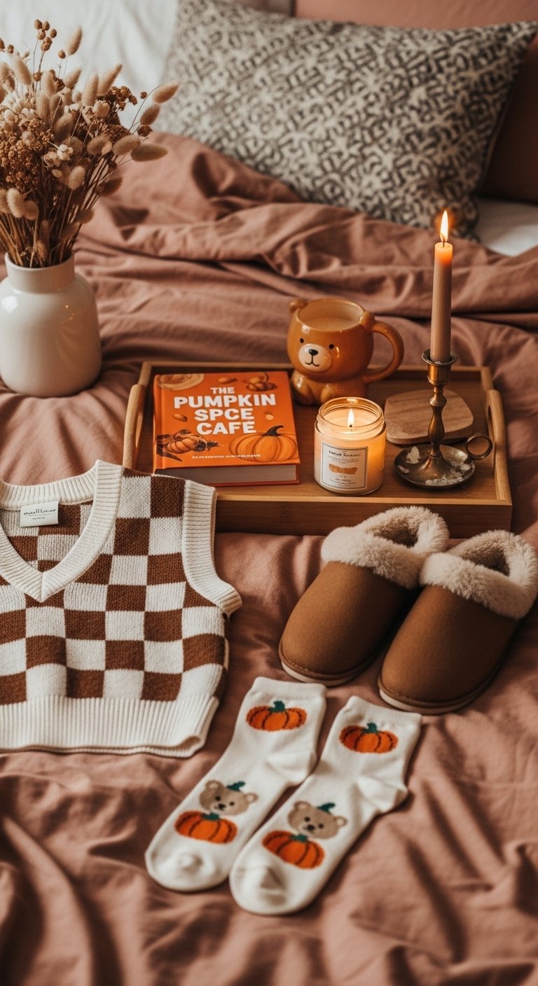 Plateau avec livre et boisson chaude sur un lit avec des vetements d automne