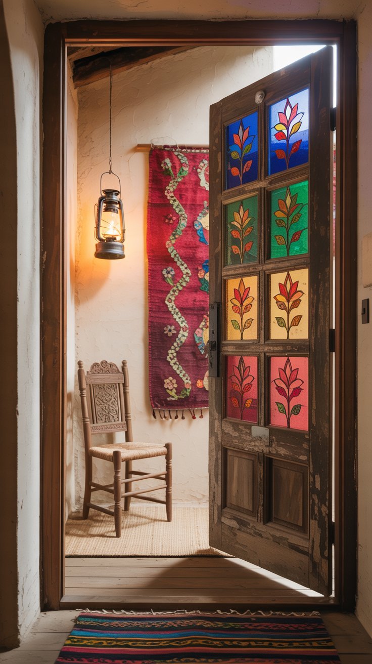 Porte d entrée en bois avec des panneaux en vitraux multicolores