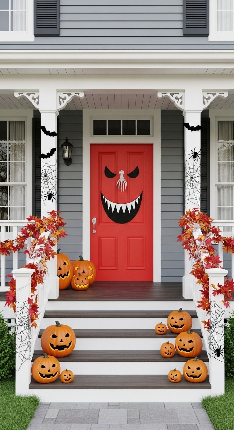 Porte d entrée rouge transformée en visage de monstre pour halloween