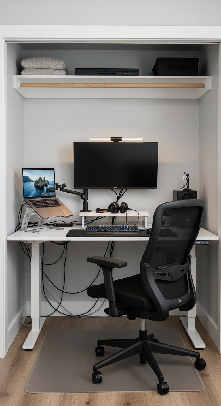 Poste de travail high tech avec bureau assis debout et double écran dans un placard