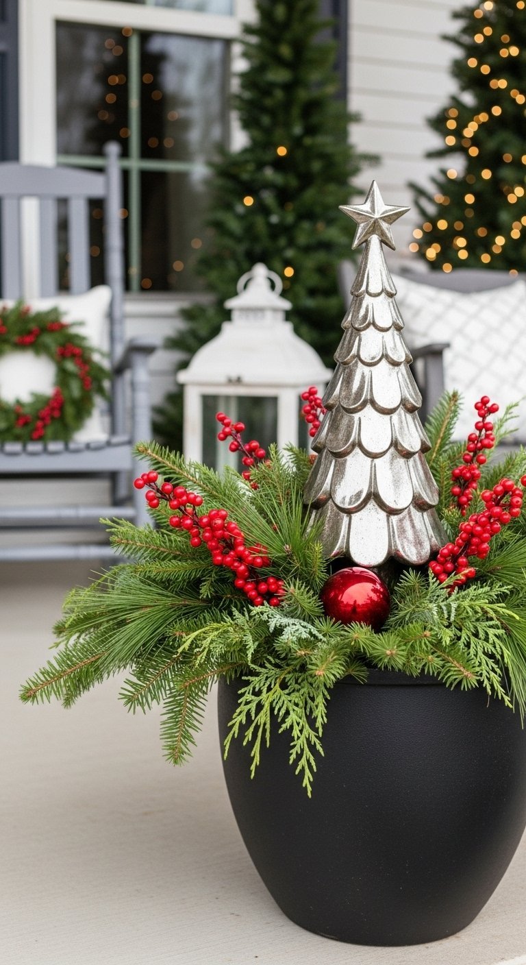 Pot de fleur noir avec une composition de branches de sapin baies rouges et un sapin décoratif argenté