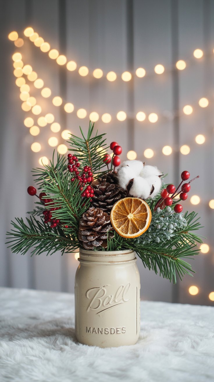 Pot mason beige avec bouquet de noel incluant fleur de coton et pin
