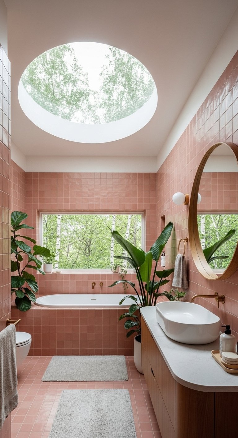 Salle de bain lumineuse avec carrelage terracotta rosé et puit de lumière