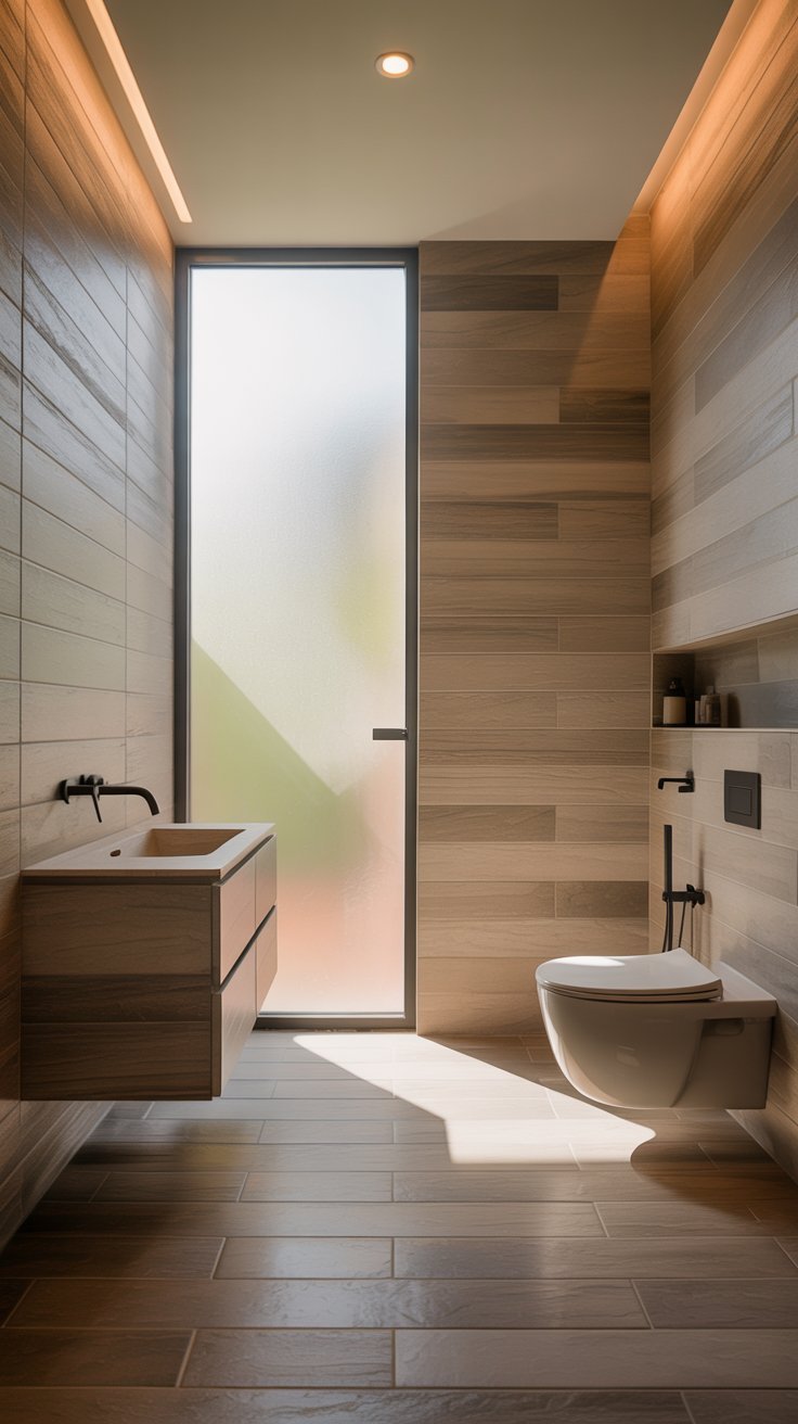 Salle de bain moderne avec carrelage imitation bois et meuble suspendu