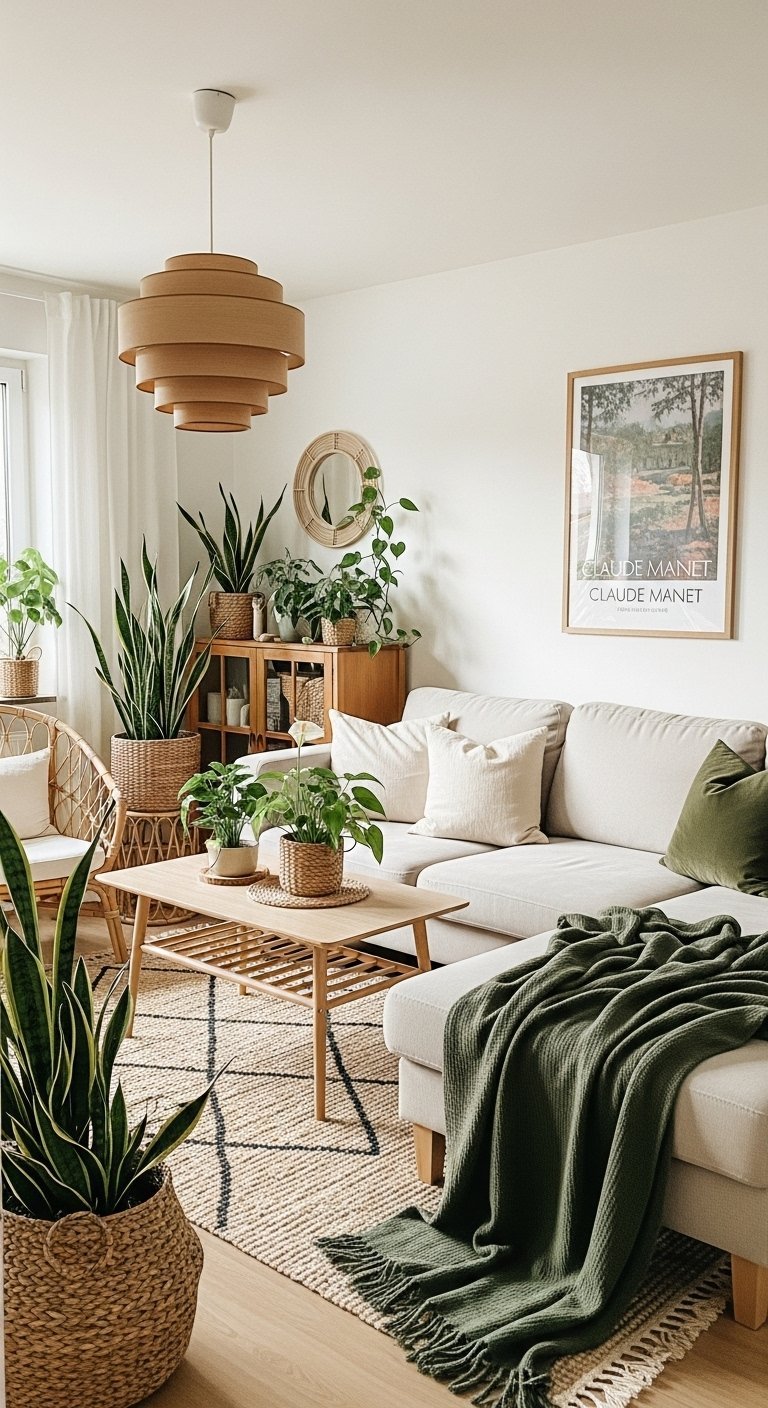 Salon de style bohème avec canapé beige et nombreuses plantes d intérieur