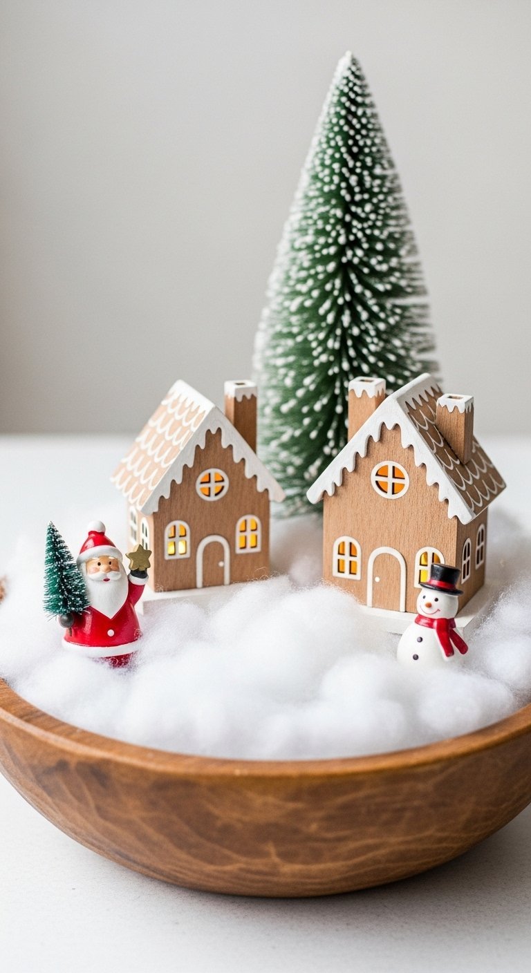Scène miniature avec maisons en pain d épices et père noël dans un bol en bois