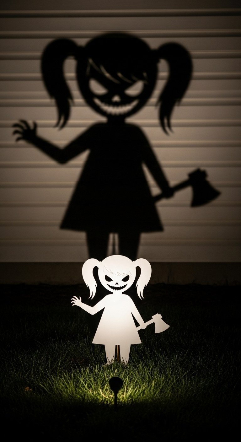 Silhouette d une fille effrayante projetee en ombre sur une porte de garage