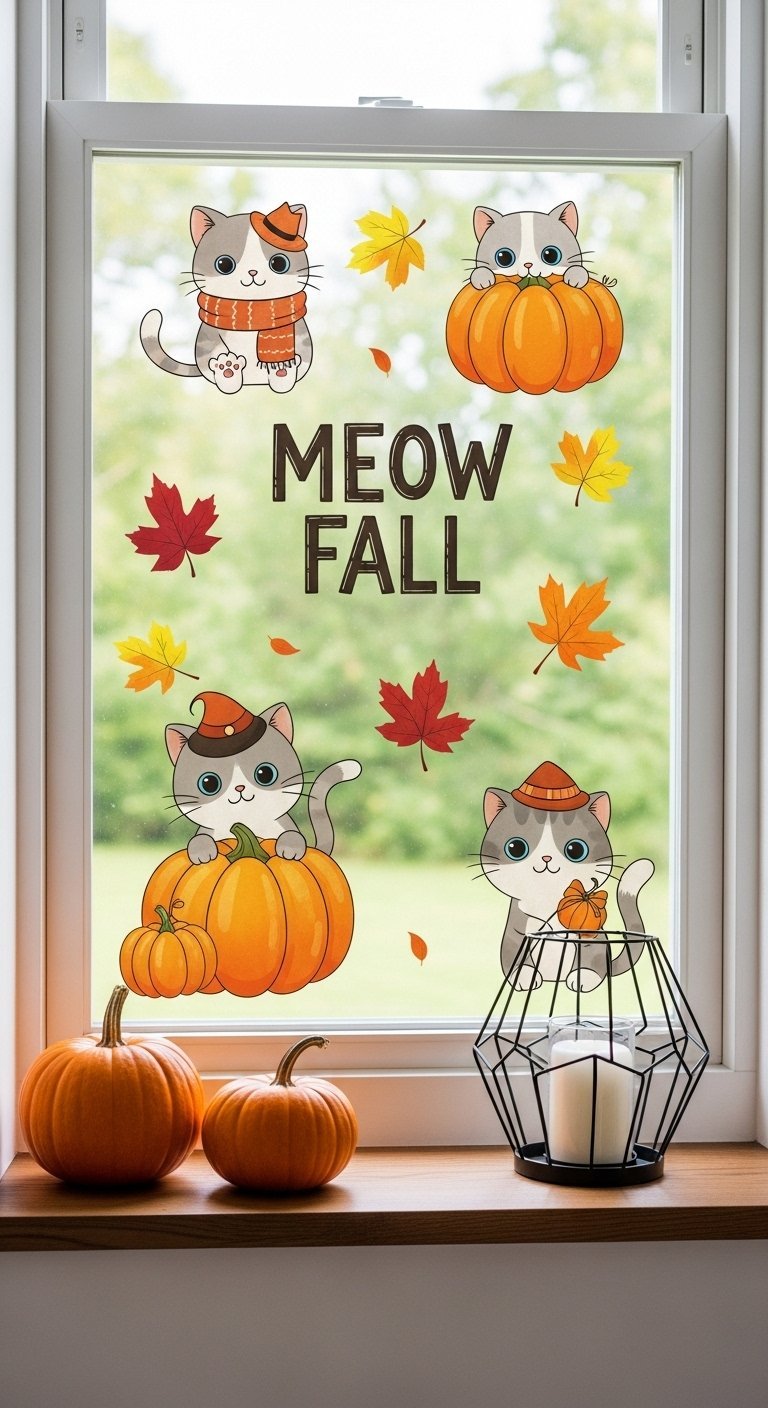 Stickers de chats mignons avec des citrouilles sur une fenêtre de salon