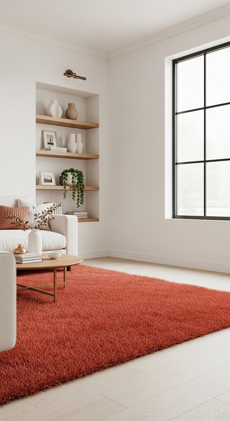 Tapis epais couleur terracotta dans un salon minimaliste aux murs blancs