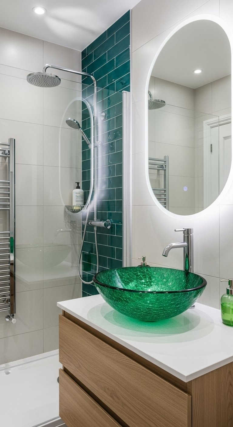Vasque en verre vert et mur de douche carrelage émeraude