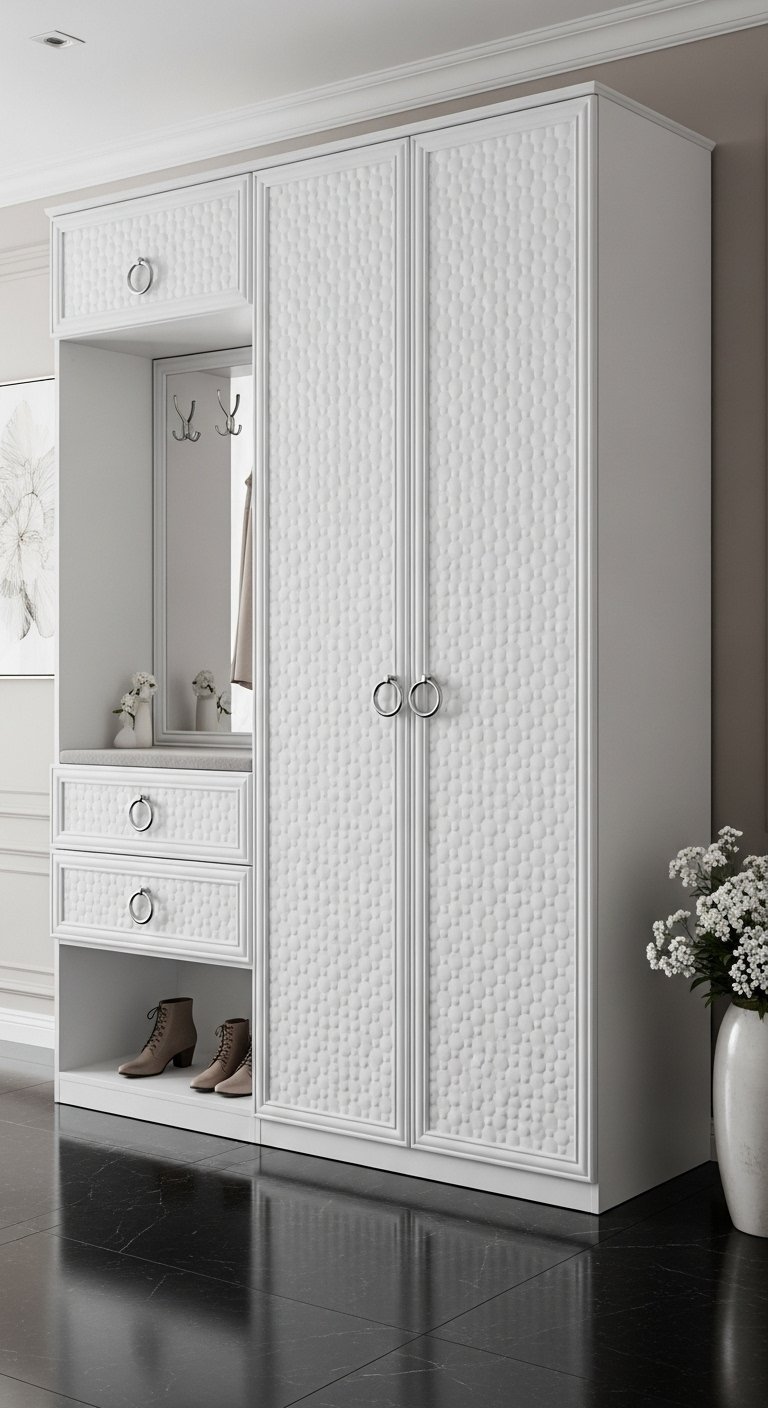 Armoire d entrée blanche de style classique avec portes à motifs en relief
