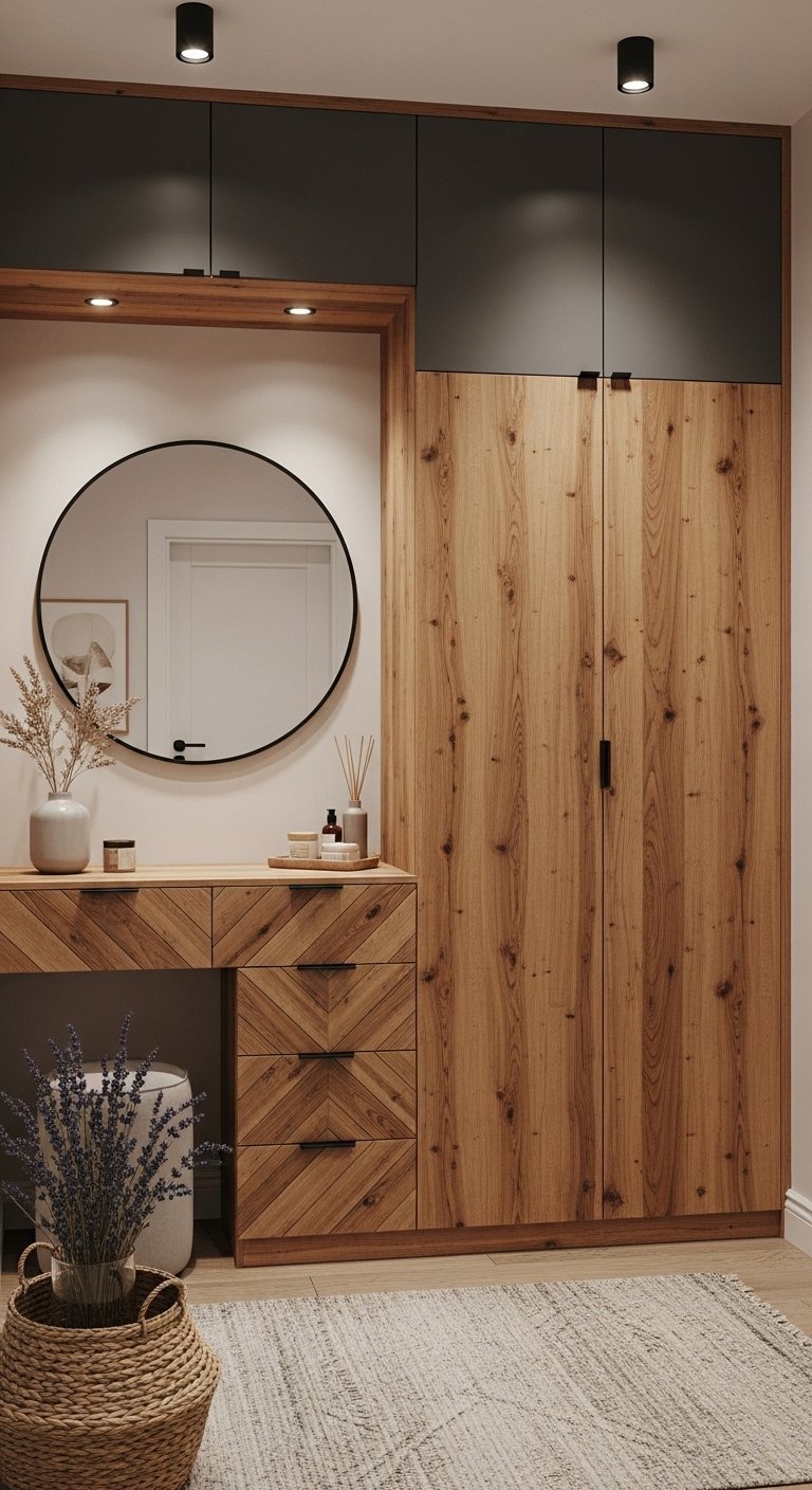 Armoire en bois avec coiffeuse integree et tiroirs a motif chevron