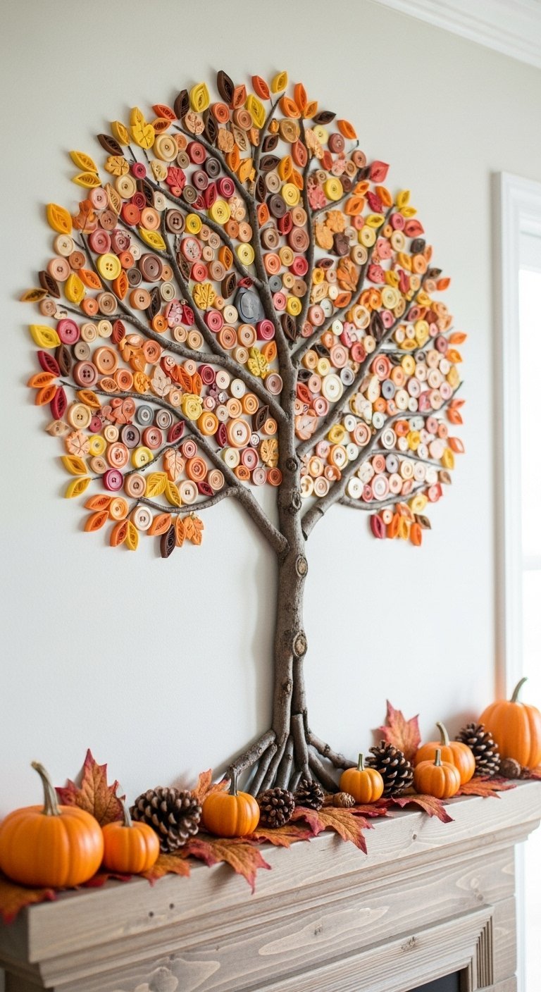 Art mural d un arbre d automne dont les feuilles sont faites de boutons colorés