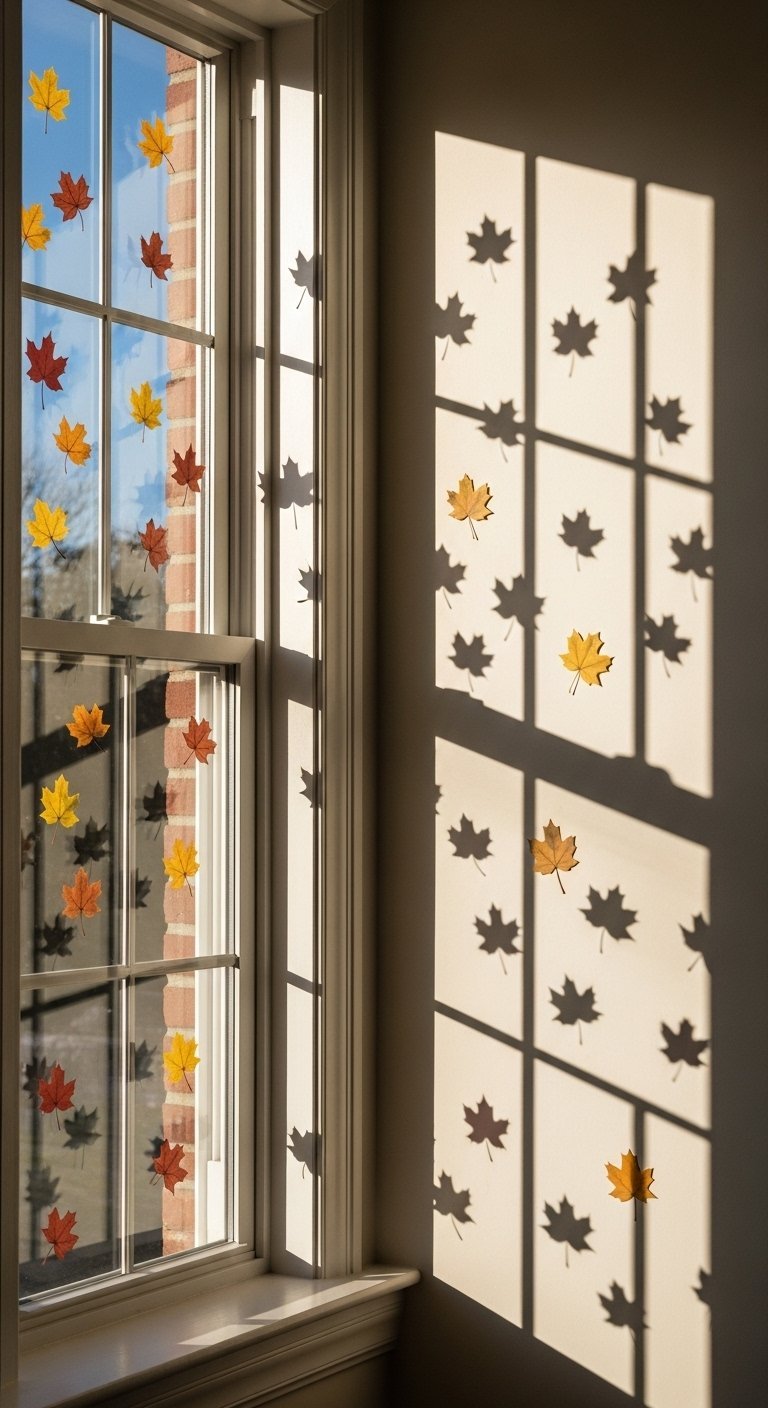Autocollants de feuilles derable sur une fenetre projetant des ombres sur un mur