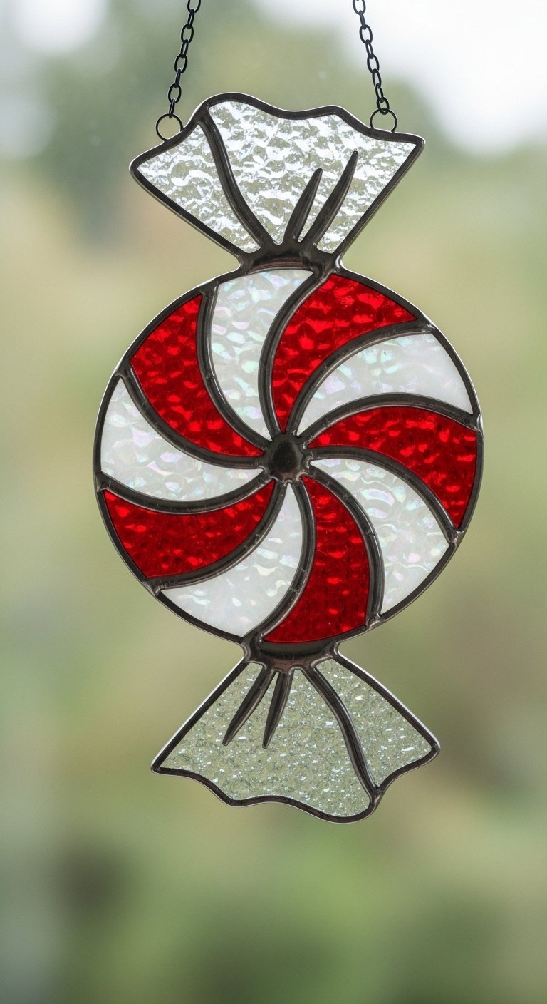 Bonbon rond en vitrail avec des rayures rouges et blanches en spirale