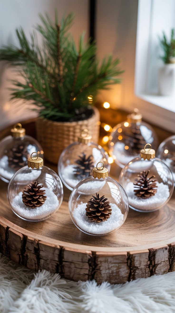 Boules de noel transparentes contenant des pommes de pin et de la fausse neige
