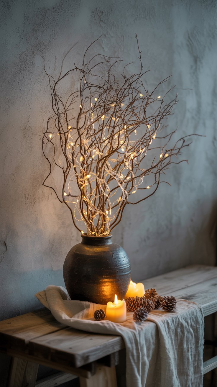 Branches sèches dans un vase noir illuminées par une guirlande lumineuse