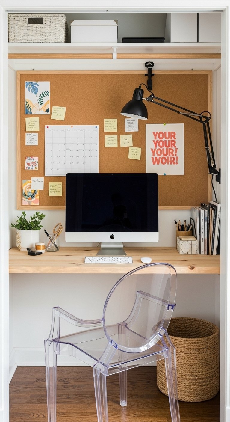 Bureau avec un grand panneau en liège et une chaise transparente en acrylique