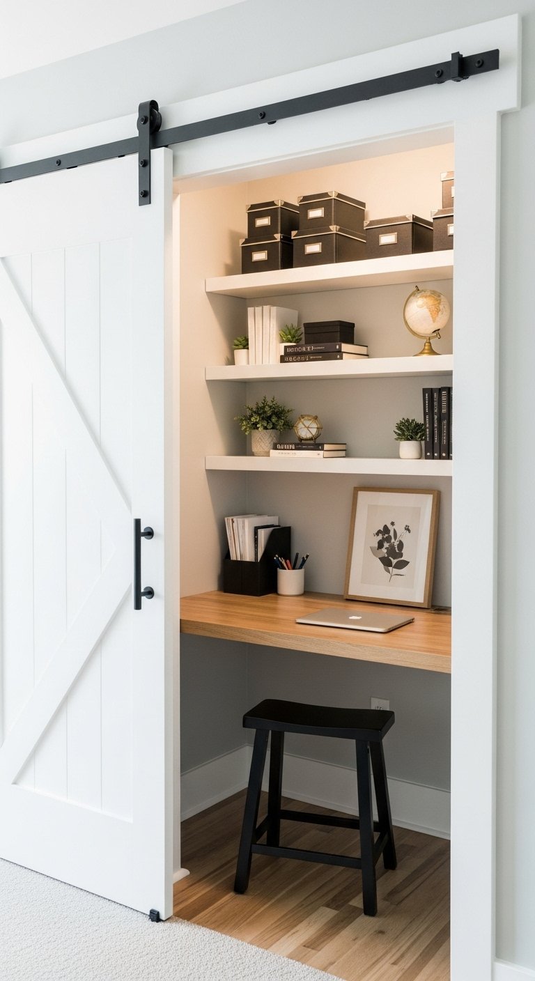 Bureau dans un placard fermé par une porte de grange coulissante blanche