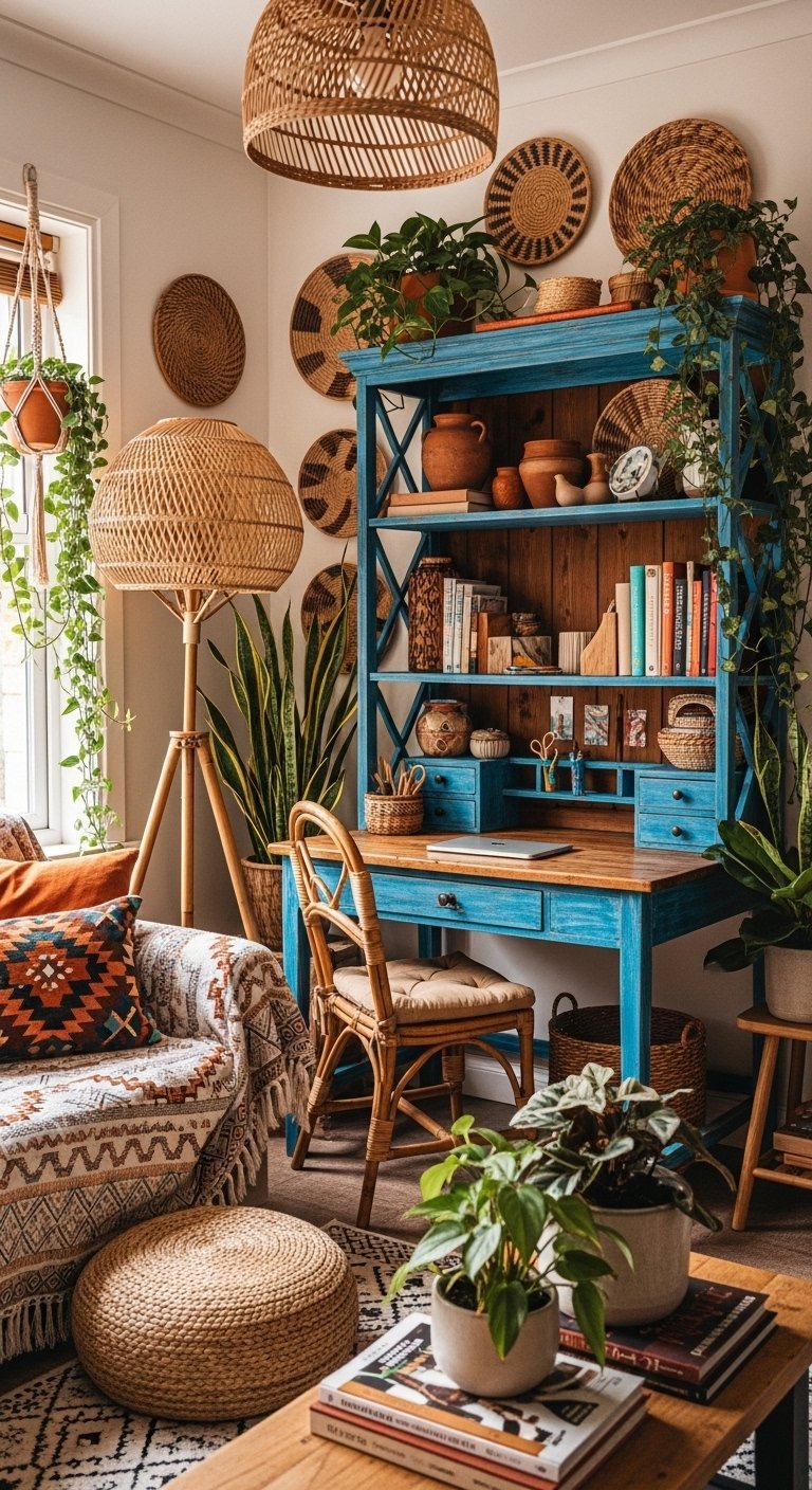 Bureau secrétaire bleu de style bohème avec une chaise en rotin et des décorations murales