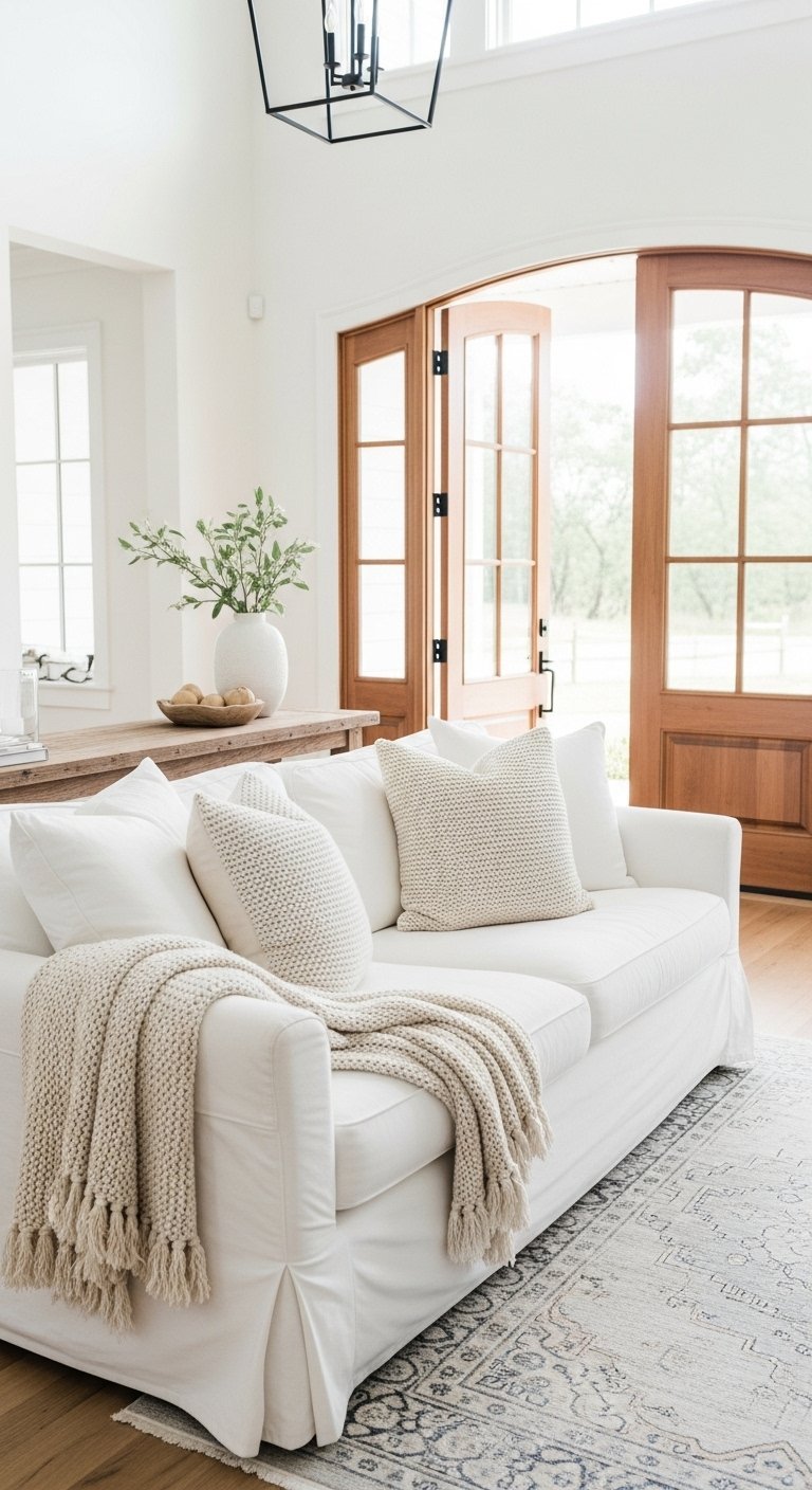 Canapé blanc avec plaid en maille dans une entrée lumineuse